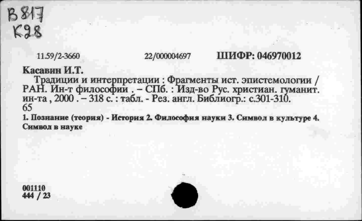 ﻿КЭЛ
1159/2-3660	22/000004697 ШИФР: 046970012
Касания И.Т.
Традиции и интерпретации : Фрагменты ист. эпистемологии / РАН. Ин-т философии . - СПб. : Изд-во Рус. христиан, гуманит. ин-та, 2000 . - 318 с.: табл. - Рез. англ. Библиогр.: с.301-310.
65
£ Познание (теория) - История 2. Философия науки 3. Символ в культуре 4. Символ в науке
ООШО
444 / 23